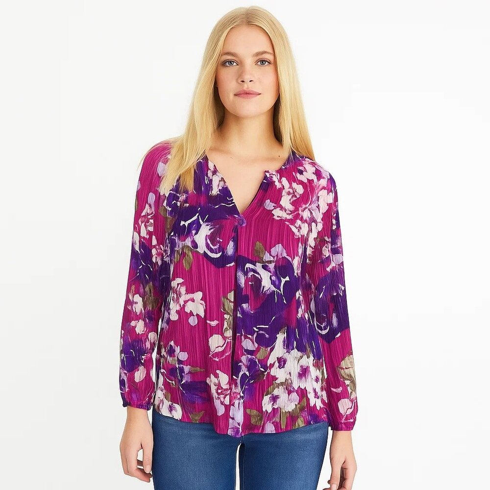 NWT White House Black Market Long Sleeve Crinkle Top Floral Bunches Baie #WHBM80